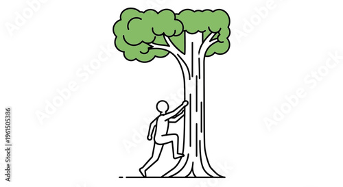 Minimalist line art illustration portraying a determined individual ascending a towering tree