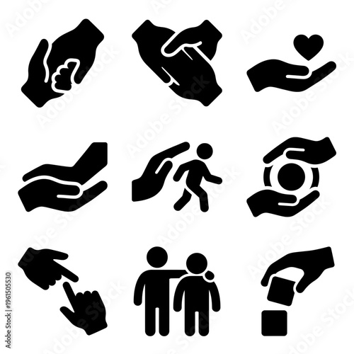 Collection of Hand Gesture Icons Representing Care Support and Assistance.