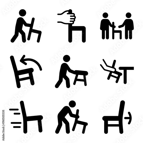 Assorted Elderly People Using Walking Aids and Chairs in Various Activities.