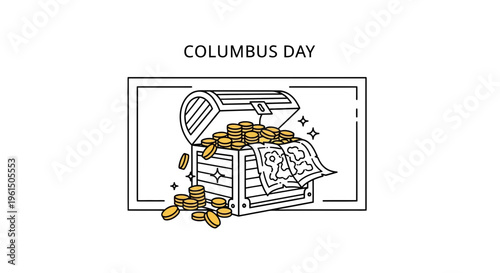 Line art illustration for Columbus Day depicting a vintage treasure chest brimming with ancient
