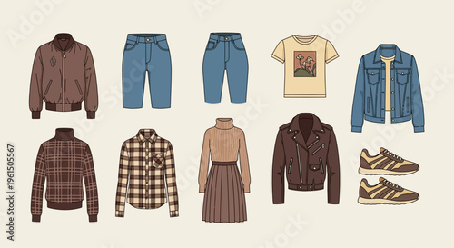 Collection of casual clothing and shoes.