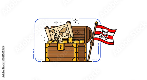 Adventure awaits with a pirate treasure chest filled with gold coins and a mysterious map