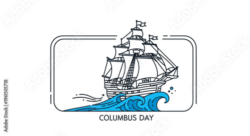 Stylized outline art of historic exploration ship sailing ocean waves journey