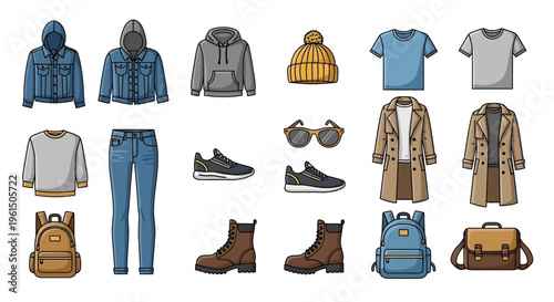 Collection of casual clothing and accessories.