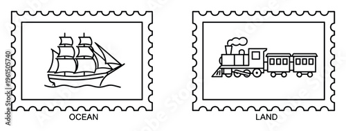 Vintage postage stamp collection featuring ocean sailing ship and land steam locomotive illustrations