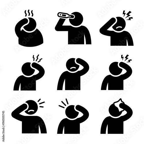 Collection of Black and White Icons Depicting Headache and Pain Symptoms.