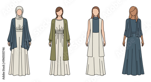 Women in various long dresses standing.