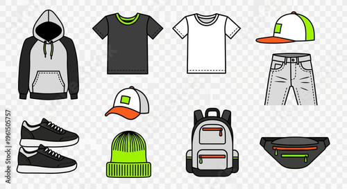 Collection of casual clothing and accessories.