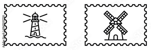 Vintage postage stamp outlines featuring lighthouse and windmill icons for travel and mailing theme