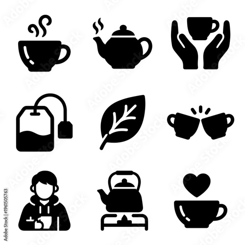 Collection of Coffee Tea and Wellness Icons in Black and White.