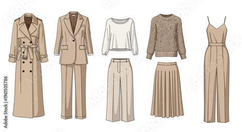 Collection of neutral colored fashion clothing.