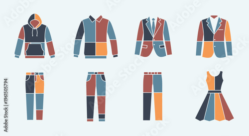 Colorful patchwork clothing set on display.