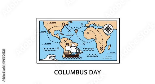 Stylized world map with sailing vessel charting historical maritime discovery routes and