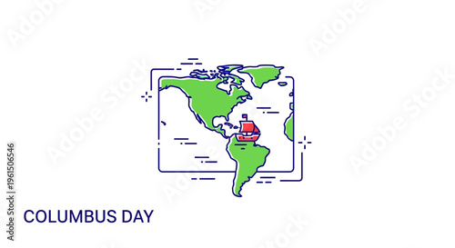 Vibrant line art depiction of American continents and an exploratory vessel celebrating a