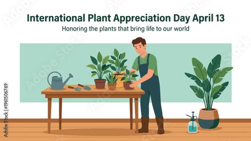 An illustration of a man tending to various potted plants on a table, celebrating International Plant Appreciation Day on April 13th.
