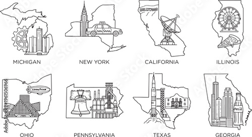 Hand-Drawn Line Art Major US State Maps Concept