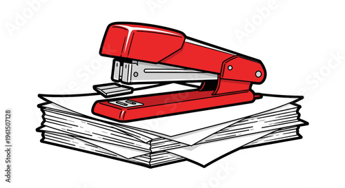 Red stapler on a paper stack.