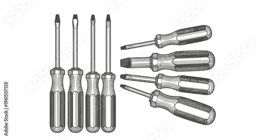 Set of assorted metal screwdrivers.