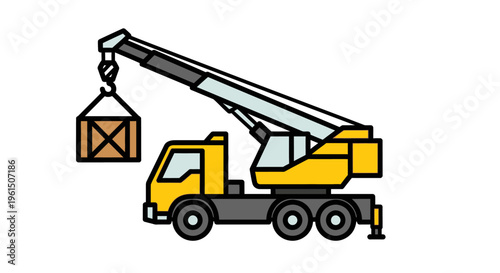 Yellow truck with crane lifting container.