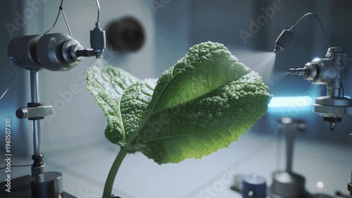 A green leaf is being examined under lab equipment with a futuristic feel, suggesting a scene of scientific research or innovation.