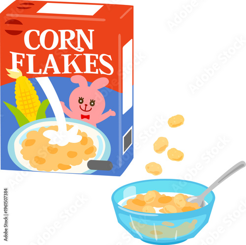 子供向けコーンフレークの箱とボウルに入ったコーンフレーク