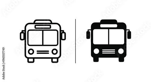 Vector illustration of set of bus icons, front view, line and solid style