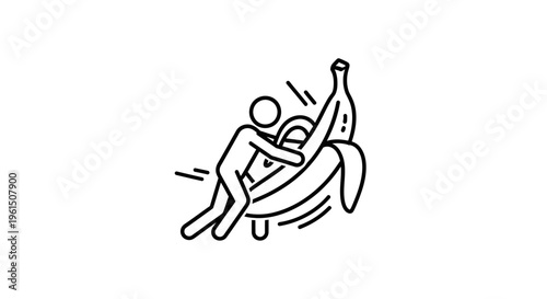 Humorous Line Art Depiction of a Figure Engaging in a Comical Struggle with an Oversized Peeled