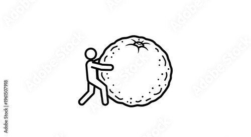 Simple outline illustration of a stick figure pushing a remarkably large textured fruit