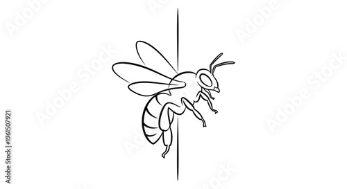 Minimalist monochrome line art illustration of a honeybee clinging to a vertical element in simple