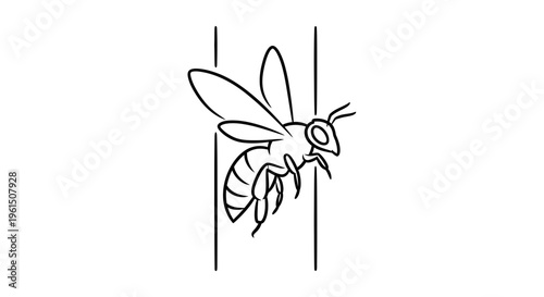 Minimalist black outline drawing of a flying honeybee capturing its elegant form and essential