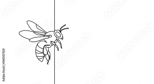 Minimalist continuous line art drawing of a honeybee peeking from a vertical edge on a clean white
