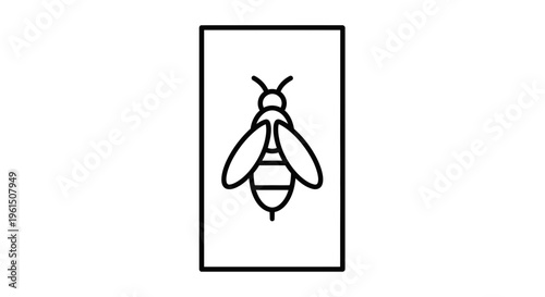 Minimalist vector outline illustration of a solitary honey bee within a rectangular frame,