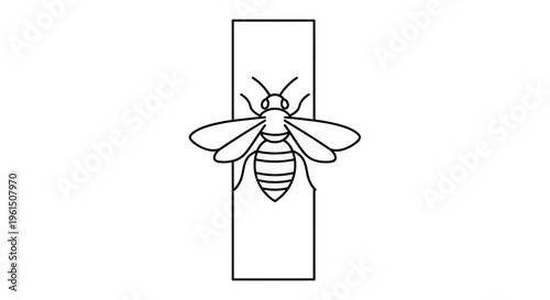 Minimalist black outline drawing of a bee perched on a geometric vertical bar or the letter I icon