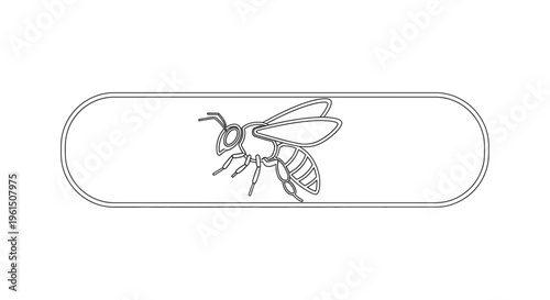 Minimalist black and white line art of a solitary bee contained within a sleek rounded frame