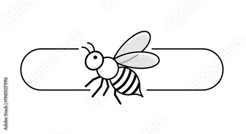 Minimalist outline drawing of a cheerful buzzing honey bee illustration within a sleek rounded
