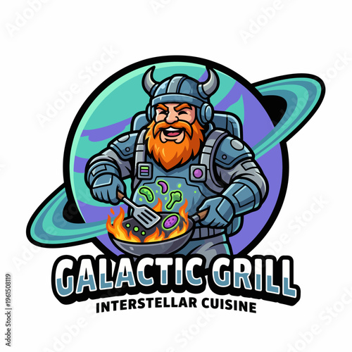 This fun logo features a space-themed chef ready to grill in a cosmic setting, merging culinary art and interstellar creativity, perfect for a unique restaurant branding.