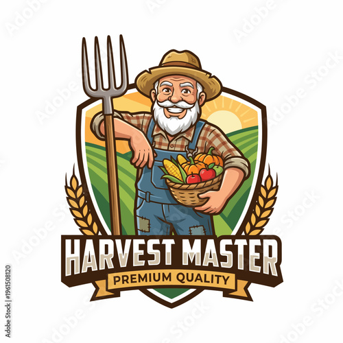 A cheerful farmer with a pitchfork, surrounded by fresh produce in a vibrant field, conveying themes of agriculture, harvest, and the joys of farm life in a friendly illustration.