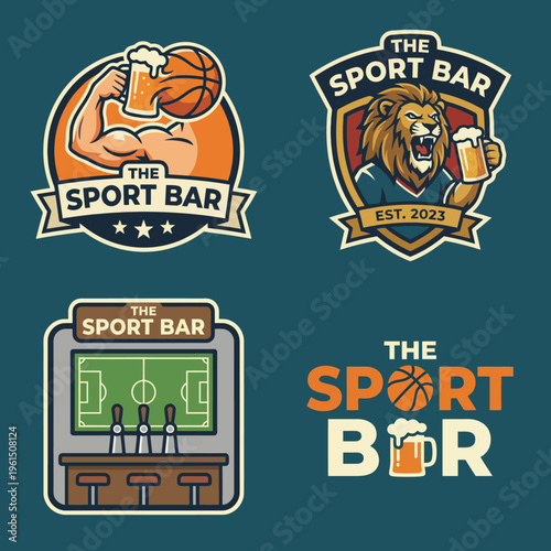 This logo features a muscular character holding a basketball and beer, symbolizing sports enthusiasm and social gatherings at a bar with an engaging atmosphere.