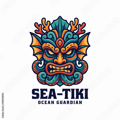 A vibrant tiki mask design representing ocean guardianship, blending tribal elements with bold colors and intricate patterns that evoke a sense of adventure and mystique.