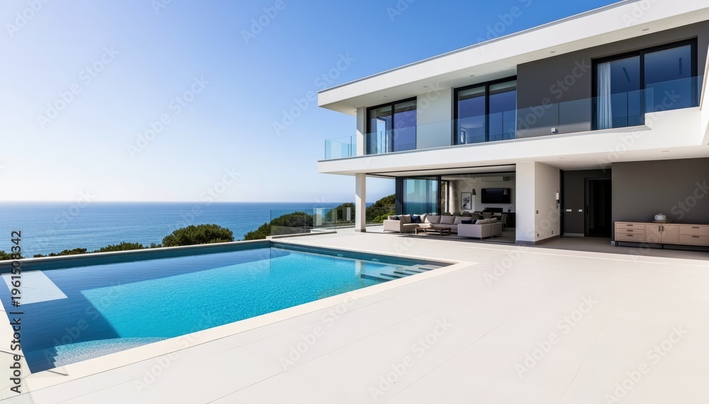 Fototapeta premium Luxury Oceanfront Villa: A stunning modern villa, complete with a refreshing pool, sits serenely on the coast, providing a scenic view of the vast ocean and clear sky.
