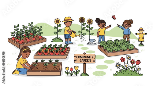 Children and Adults Gardening Together.