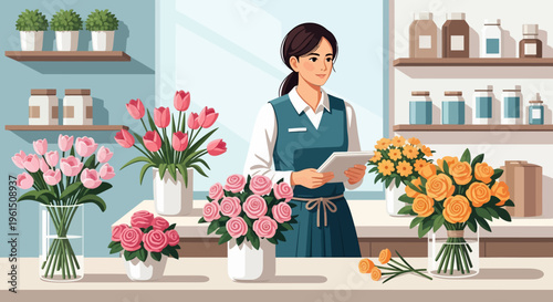 Woman arranging flower bouquets.