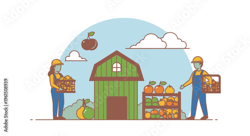 Farmers holding baskets of fresh produce.