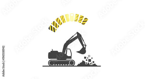 Excavator digging with yellow warning lights.