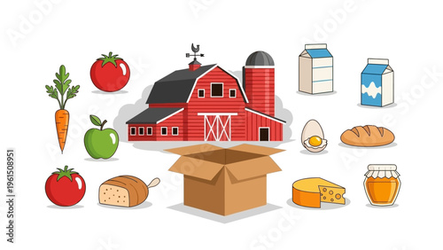 Farm Products and Food Items Surrounding Box.