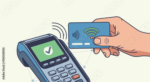 Hand holding credit card near payment terminal.