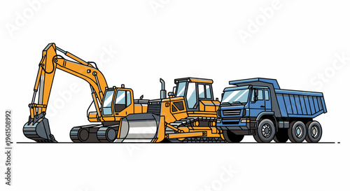 Heavy construction vehicles on display.