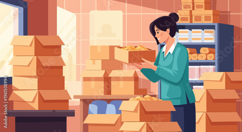 Woman Packing Delivery Boxes.