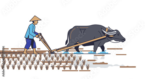 Man plowing rice field with buffalo.