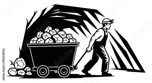 Man pushing a loaded mining cart.